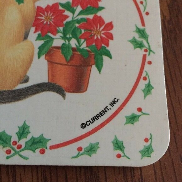Vintage Christmas Coasters Siamese Cat Poinsettia Holly 6pc Cork Back Y2K Retro - Picture 3 of 8